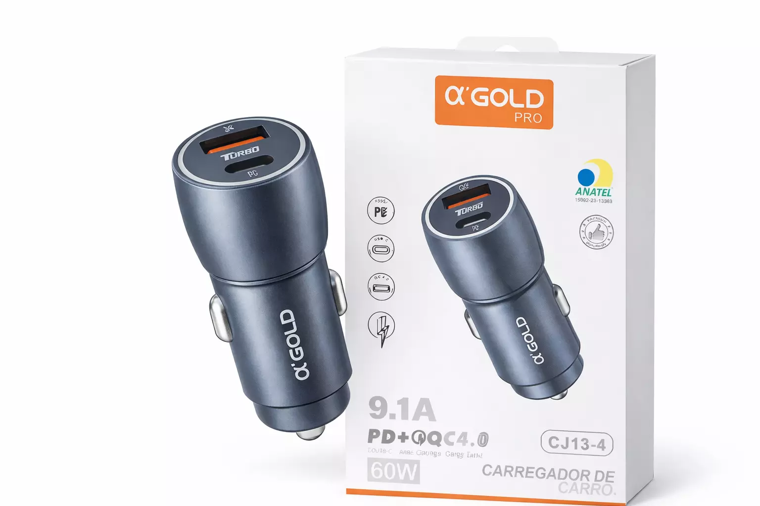 Carregador de Carro A'Gold 9,1A 60W Turbo CJ13-4